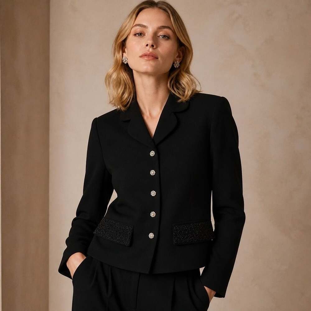 Albert Nipon Black Blazer Jacket with Beaded Pockets and Crystal Buttons Size 8